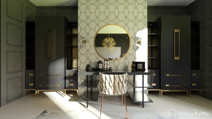 Home office with a decoration centered around a mirror