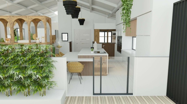 Modern kitchen design view from a terrace
